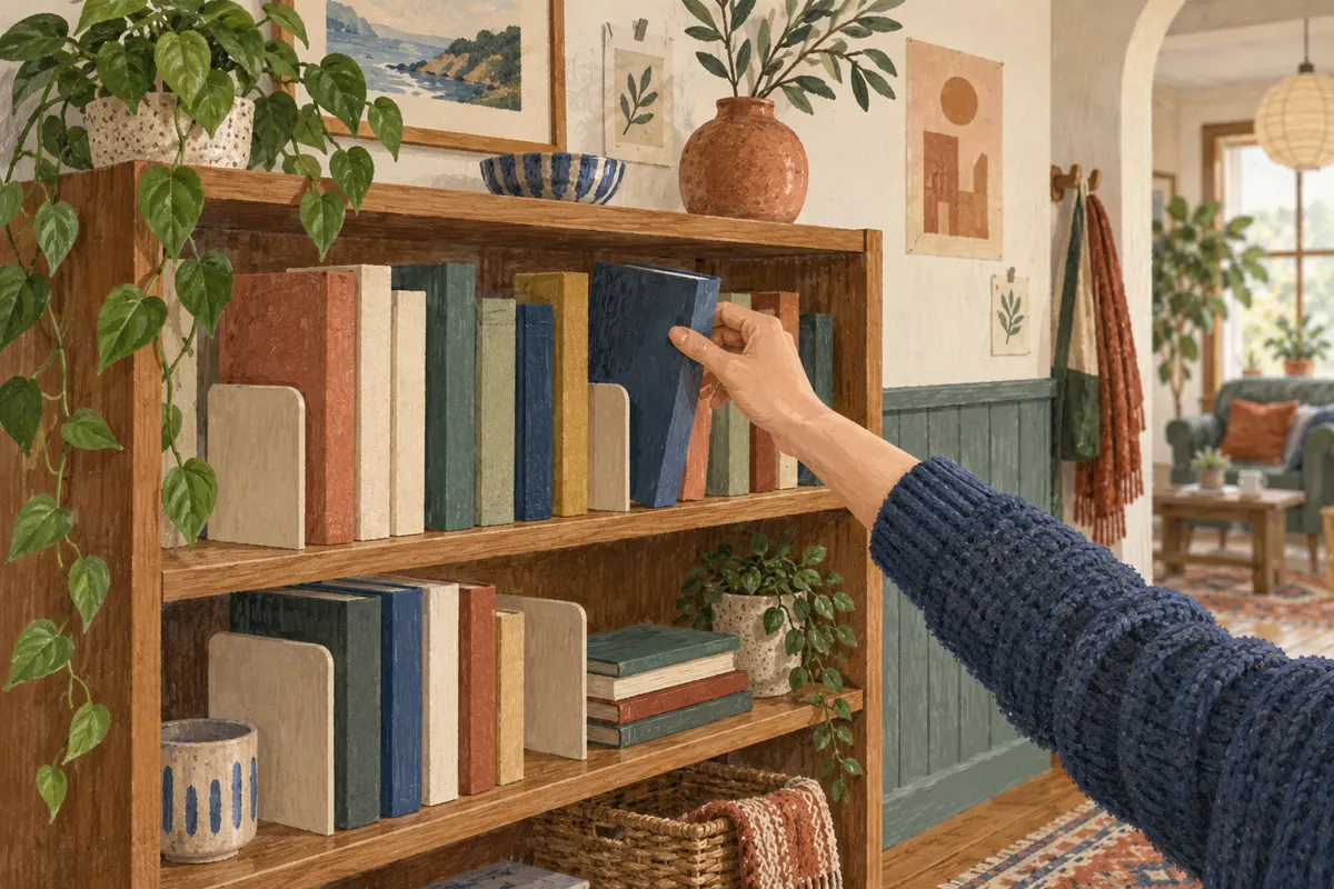 Illustration of a resident choosing a book from a compact shared bookshelf.