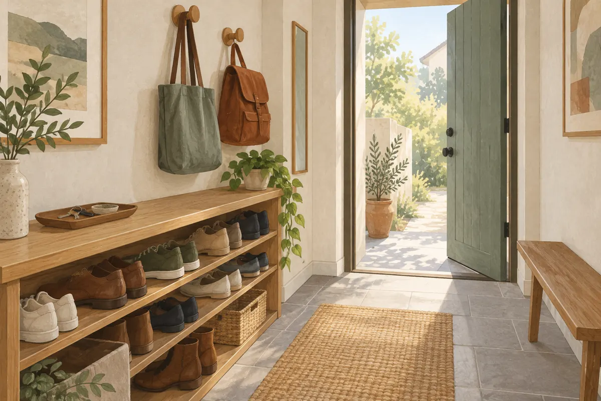 Illustration of a narrow entryway with organized shoes, hanging bags, and a clear walking route.