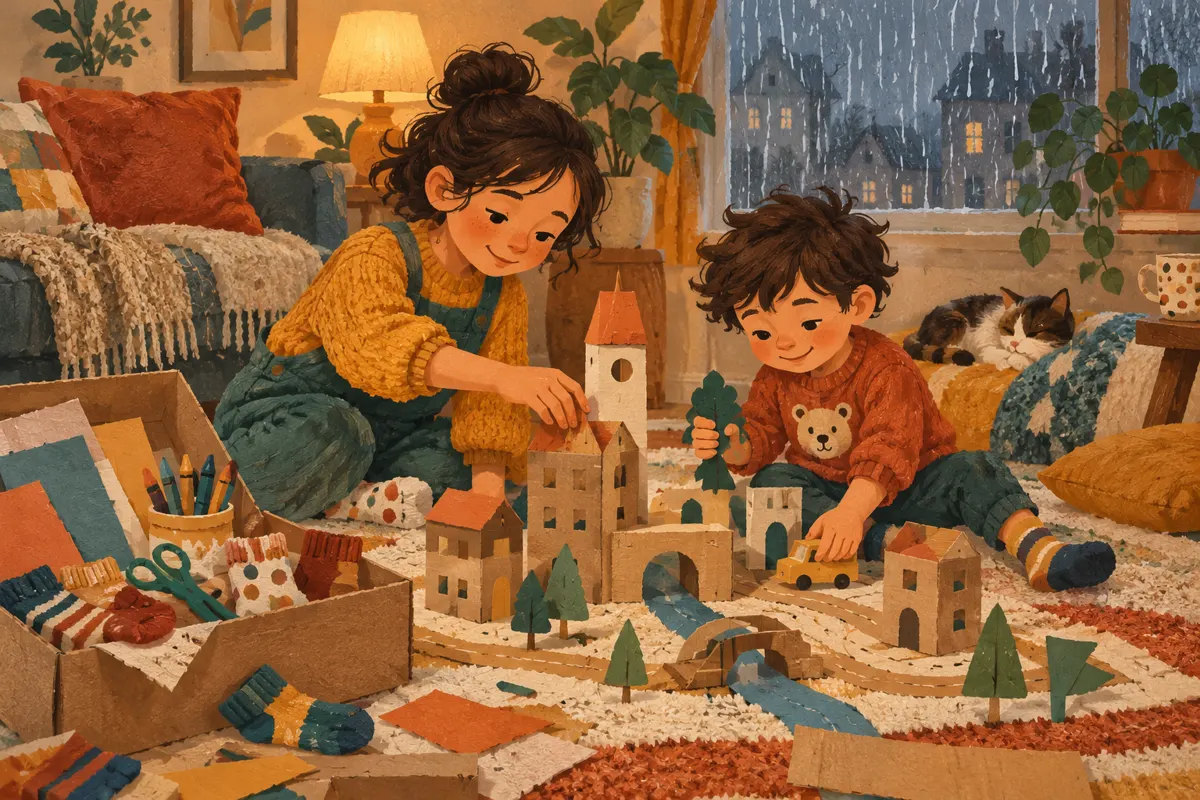 Illustration of two siblings building a cardboard town with supplies from a rainy-day activity box.